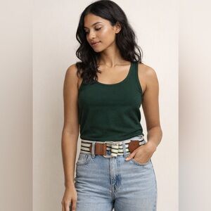 NWT Large Striped Canvas Belt Leather Accents Green Navy Blue NEW